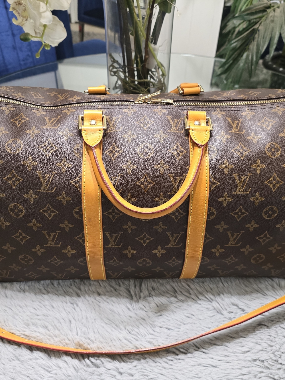 Louis Vuitton Brown Monogram Keepall Duffle Bag with Tan Vachetta Trim